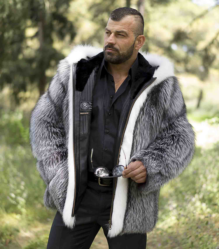 MEN'S FOX FURS : Men's Silver Fox Fur Jacket With White Hood